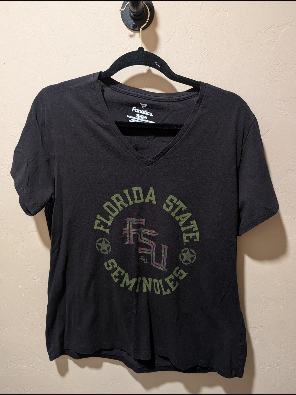 Woman's Fanatics FSU Florida State Seminoles Military V-Neck Tee XL Black/Green